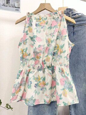 Multicolor Boho Women's Floral Print Ruffle Hem Sleeveless Peplum Blouse